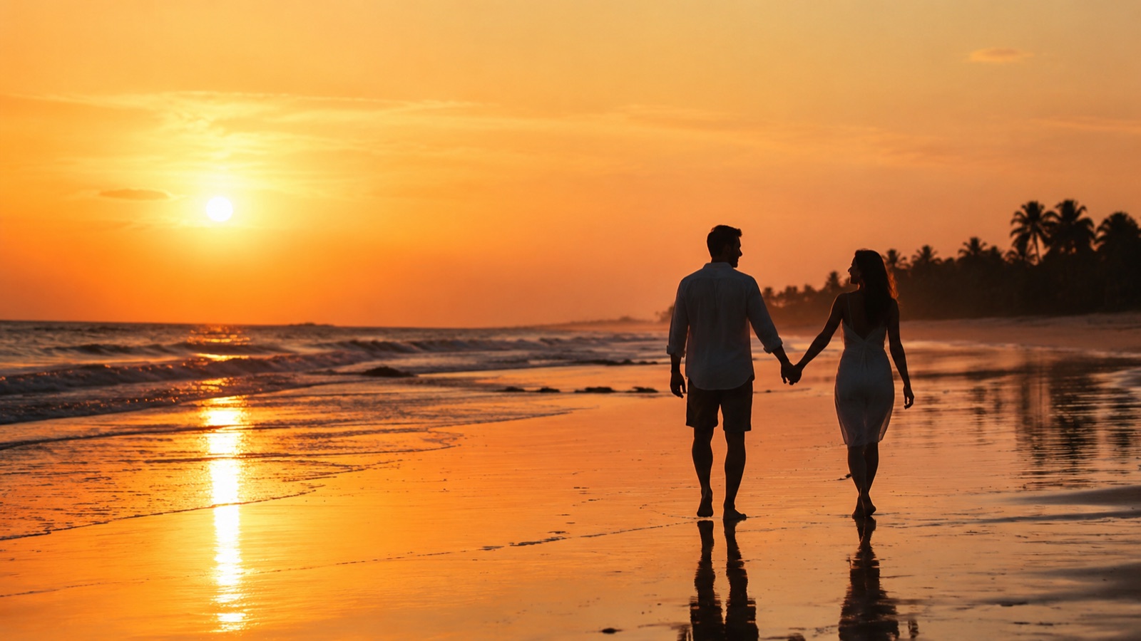 Couple walking hand in hand along a tropical beach at sunset